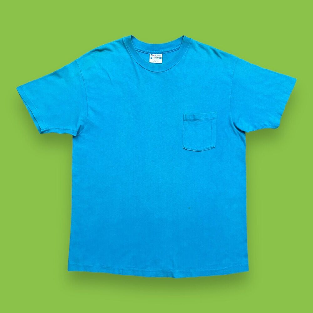 Vintage Blank Shirt 80s Hanes Pocket Tee Single Stitch Made in USA Blue Large